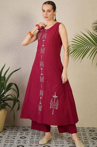Adults-Women Woven Design Embroidered Cotton A-Line Kurta with Palazzos