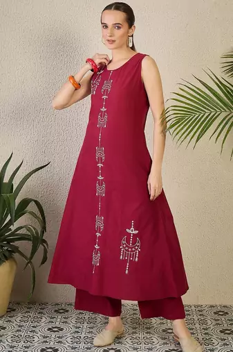 Adults-Women Woven Design Embroidered Cotton A-Line Kurta with Palazzos