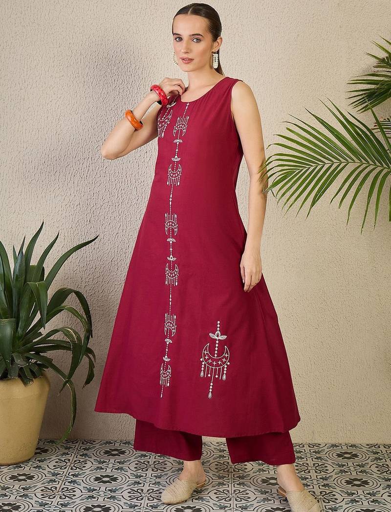 Adults-Women Woven Design Embroidered Cotton A-Line Kurta with Palazzos
