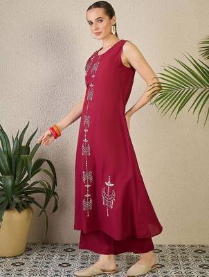 Adults-Women Woven Design Embroidered Cotton A-Line Kurta with Palazzos 4