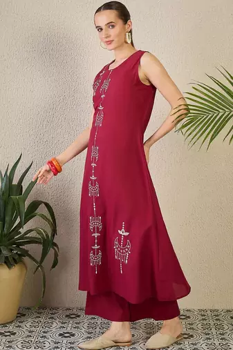 Adults-Women Woven Design Embroidered Cotton A-Line Kurta with Palazzos