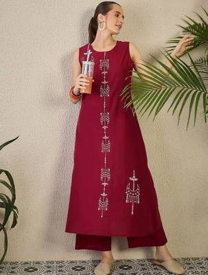 Adults-Women Woven Design Embroidered Cotton A-Line Kurta with Palazzos 6