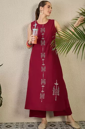 Adults-Women Woven Design Embroidered Cotton A-Line Kurta with Palazzos