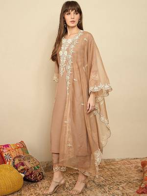 Floral Embroidered Thread Work Straight Kurta With Trousers & Dupatta 6