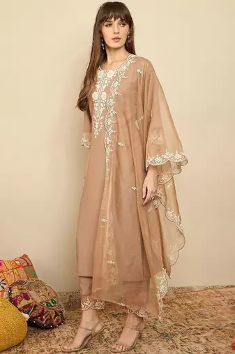 Floral Embroidered Thread Work Straight Kurta With Trousers & Dupatta