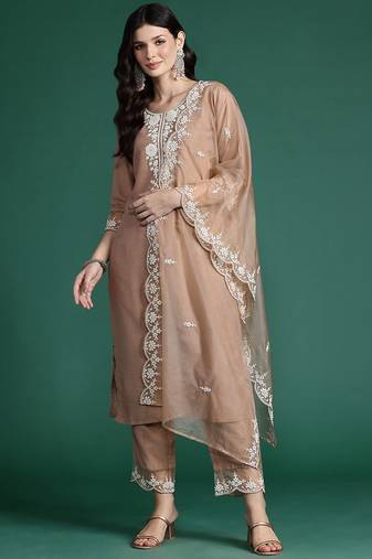 Floral Embroidered Thread Work Kurta With Trousers & Dupatta