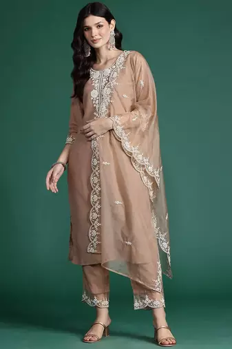 Floral Embroidered Thread Work Kurta With Trousers & Dupatta