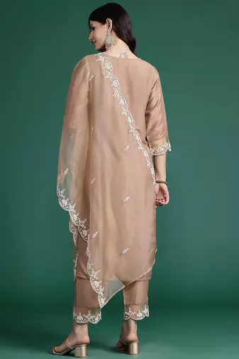 Floral Embroidered Thread Work Kurta With Trousers & Dupatta