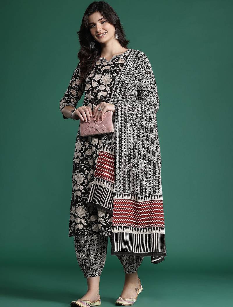 Floral Printed Pure Cotton Kurta with Salwar & With Dupatta