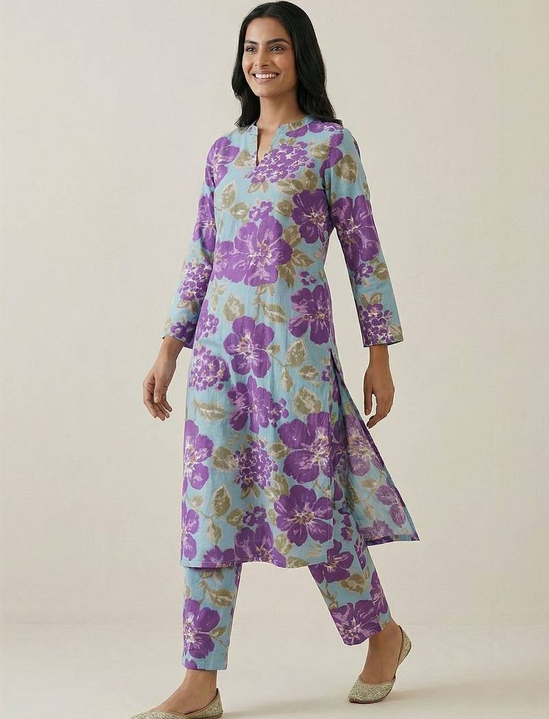 Women Floral Printed Regular Pure Cotton Kurta with Trousers