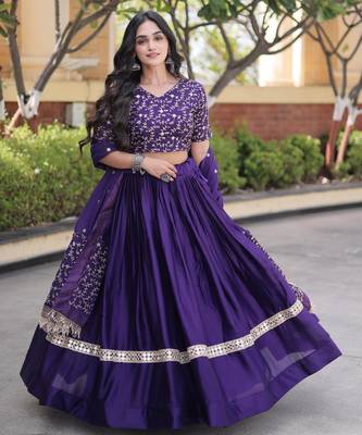 Purple Glori Satin Katchi Zari Embroidery Work Blouse With Flared Lehenga and Dupatta 1