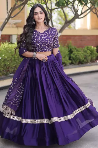 Purple Glori Satin Katchi Zari Embroidery Work Blouse With Flared Lehenga and Dupatta