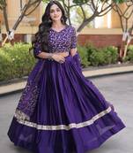 Purple Glori Satin Katchi Zari Embroidery Work Blouse With Flared Lehenga and Dupatta