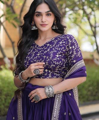 Purple Glori Satin Katchi Zari Embroidery Work Blouse With Flared Lehenga and Dupatta 3