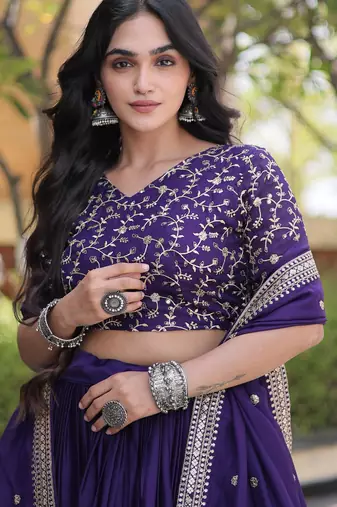 Purple Glori Satin Katchi Zari Embroidery Work Blouse With Flared Lehenga and Dupatta
