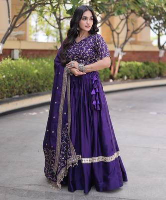 Purple Glori Satin Katchi Zari Embroidery Work Blouse With Flared Lehenga and Dupatta 4