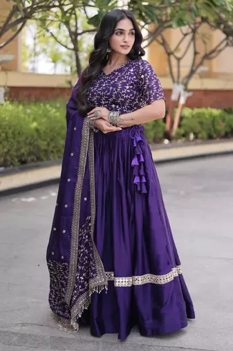 Purple Glori Satin Katchi Zari Embroidery Work Blouse With Flared Lehenga and Dupatta