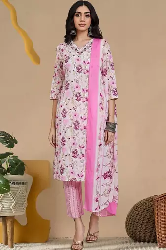 Women Floral Printed Regular Thread Work Pure Cotton Kurta with Trousers & With Dupatta