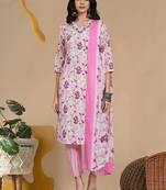 Women Floral Printed Regular Thread Work Pure Cotton Kurta with Trousers & With Dupatta