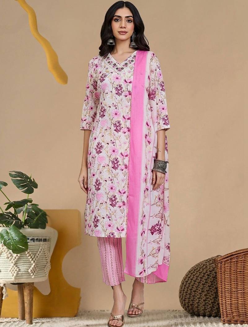 Women Floral Printed Regular Thread Work Pure Cotton Kurta with Trousers & With Dupatta