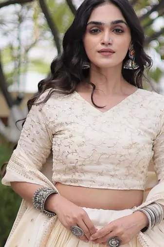 Chiku Glori Satin Katchi Zari Embroidery Work Blouse With Flared Lehenga and Dupatta