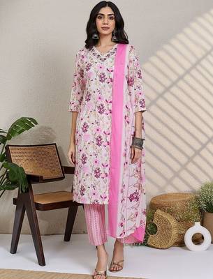 Women Floral Printed Regular Thread Work Pure Cotton Kurta with Trousers & With Dupatta 3