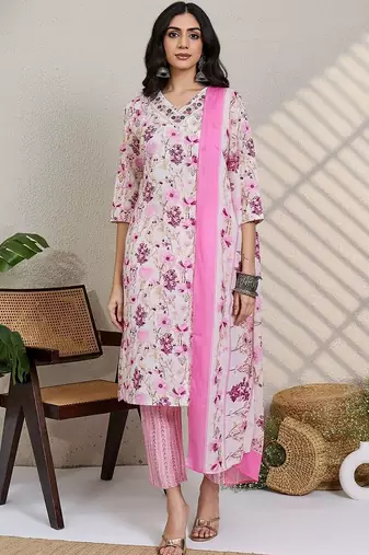 Women Floral Printed Regular Thread Work Pure Cotton Kurta with Trousers & With Dupatta