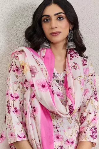 Women Floral Printed Regular Thread Work Pure Cotton Kurta with Trousers & With Dupatta