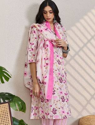 Women Floral Printed Regular Thread Work Pure Cotton Kurta with Trousers & With Dupatta 6