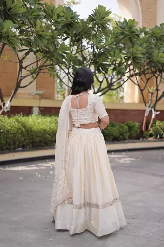 Chiku Glori Satin Katchi Zari Embroidery Work Blouse With Flared Lehenga and Dupatta