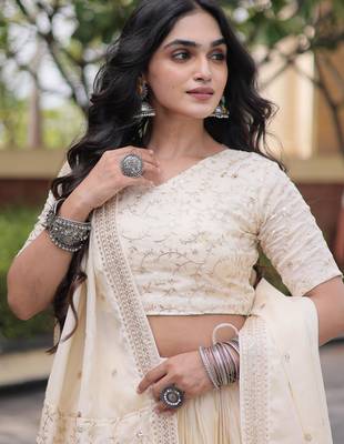 Chiku Glori Satin Katchi Zari Embroidery Work Blouse With Flared Lehenga and Dupatta 4