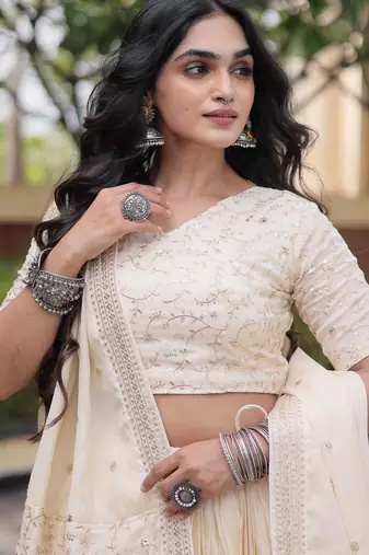 Chiku Glori Satin Katchi Zari Embroidery Work Blouse With Flared Lehenga and Dupatta
