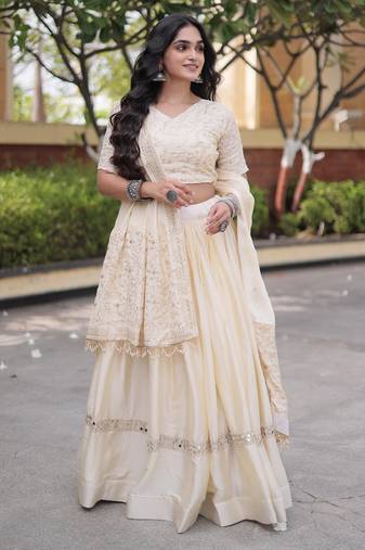 Chiku Glori Satin Katchi Zari Embroidery Work Blouse With Flared Lehenga and Dupatta