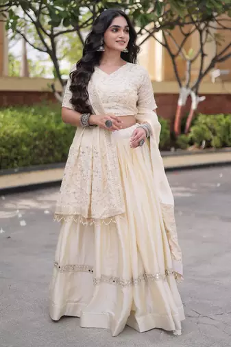 Chiku Glori Satin Katchi Zari Embroidery Work Blouse With Flared Lehenga and Dupatta