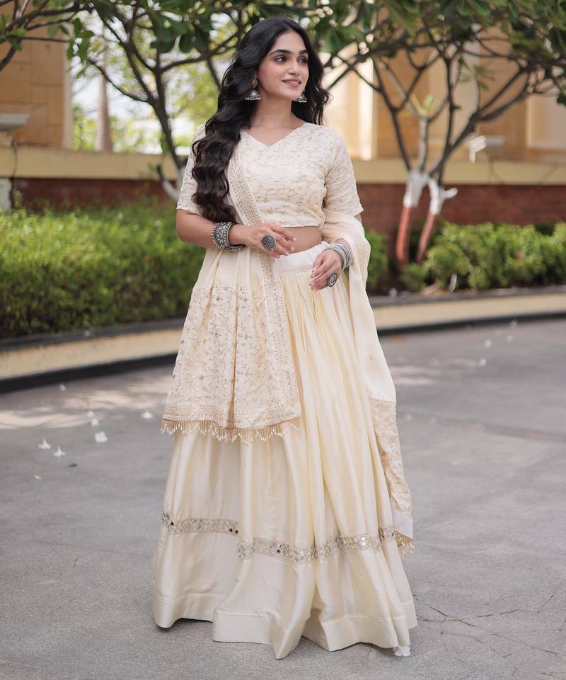 Chiku Glori Satin Katchi Zari Embroidery Work Blouse With Flared Lehenga and Dupatta