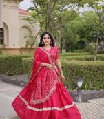 Pink Glori Satin Katchi Zari Embroidery Work Blouse With Flared Lehenga and Dupatta