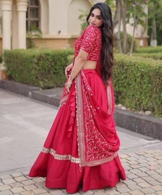 Pink Glori Satin Katchi Zari Embroidery Work Blouse With Flared Lehenga and Dupatta 2