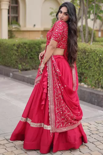 Pink Glori Satin Katchi Zari Embroidery Work Blouse With Flared Lehenga and Dupatta
