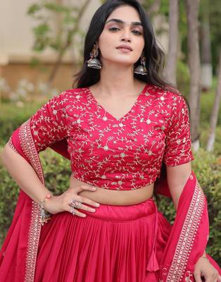 Pink Glori Satin Katchi Zari Embroidery Work Blouse With Flared Lehenga and Dupatta 3