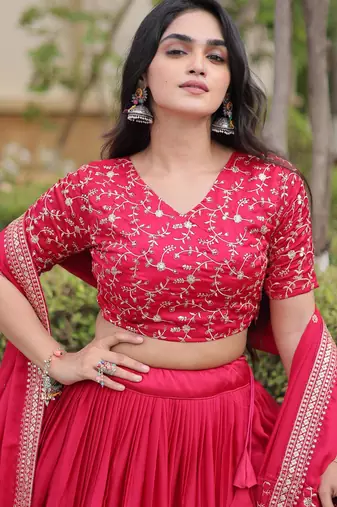 Pink Glori Satin Katchi Zari Embroidery Work Blouse With Flared Lehenga and Dupatta