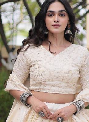 Chiku Glori Satin Katchi Zari Embroidery Work Blouse With Flared Lehenga and Dupatta 5