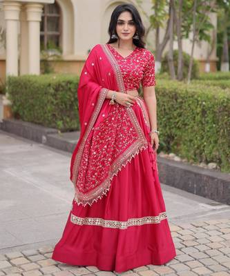 Pink Glori Satin Katchi Zari Embroidery Work Blouse With Flared Lehenga and Dupatta 4