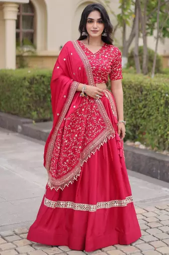 Pink Glori Satin Katchi Zari Embroidery Work Blouse With Flared Lehenga and Dupatta