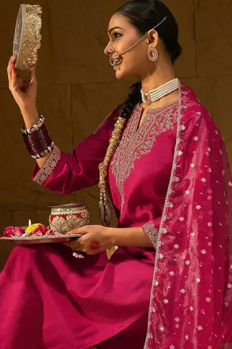 Ethnic Motifs Yoke Design Straight Zari Liva Kurta with Trousers & Dupatta
