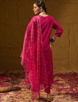 Ethnic Motifs Yoke Design Straight Zari Liva Kurta with Trousers & Dupatta 4