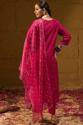 Ethnic Motifs Yoke Design Straight Zari Liva Kurta with Trousers & Dupatta