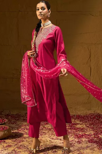 Ethnic Motifs Yoke Design Straight Zari Liva Kurta with Trousers & Dupatta