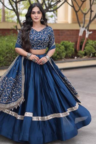 Blue Glori Satin Katchi Zari Embroidery Work Blouse With Flared Lehenga and Dupatta