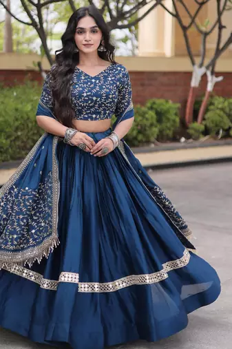 Blue Glori Satin Katchi Zari Embroidery Work Blouse With Flared Lehenga and Dupatta