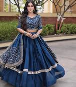 Blue Glori Satin Katchi Zari Embroidery Work Blouse With Flared Lehenga and Dupatta